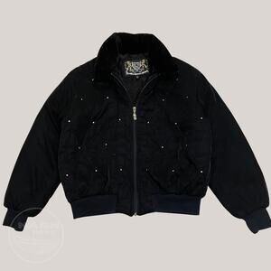 Rare St. John Y2K Black Quilted Jacket | Gold Studs, Faux Fur Collar, USA Made